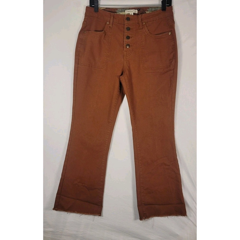 Frye and Co Pants Womens 10 Brown Rust Button Fly Raw Hem Cropped Flare Stretch
